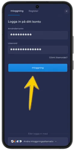 RainBet inloggningsskärm med ifyllda fält och gul pil som pekar på den blå Inloggning-knappen