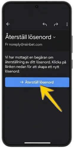 E-postmeddelande med blå återställningslänk och gul pil som pekar på den