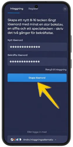 RainBet skärm för att skapa lösenord med två ifyllda fält och gul pil som pekar på den blå Skapa lösenord-knappen