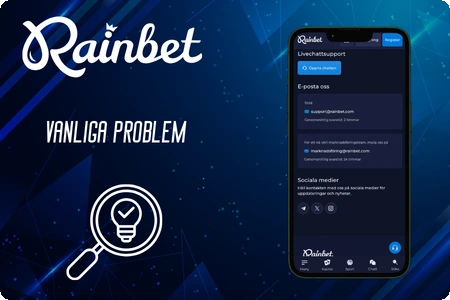 RainBet mobilapp med livechattsupport och e-postkontakt, förstoringsglas med glödlampa i förgrunden