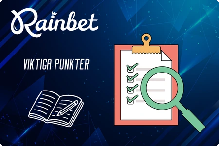 Clipboard med checklista och förstoringsglas, öppen bok, RainBet-logotyp på mörkblå bakgrund