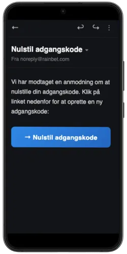 E-mailbesked fra RainBet med blåt nulstillingslink og gul pil der peger på det