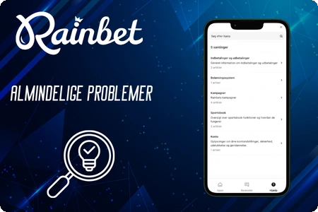 RainBet mobilapp med live chat-support og e-mailkontakt, forstørrelsesglas med lyspære i forgrunden