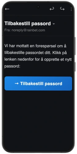 RainBet e-postmelding med blå tilbakestillingslenke og gul pil som peker på den
