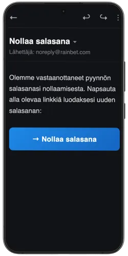 RainBet-sähköpostiviesti sinisellä palautuslinkillä ja keltaisella nuolella joka osoittaa siihen