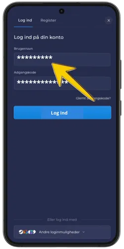 RainBet login-skærm med udfyldte felter og gul pil der peger på den blå Log ind-knap