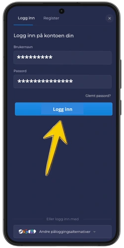 RainBet innloggingsskjerm med utfylte felt og gul pil som peker på den blå Logg inn-knappen
