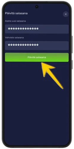 RainBet salasanan luontinäyttö kahdella täytetyllä kentällä ja keltaisella nuolella joka osoittaa siniseen Luo salasana -painikkeeseen