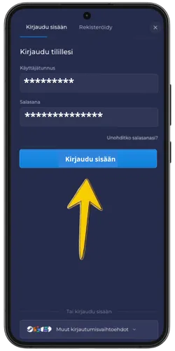 RainBet kirjautumisnäyttö täytetyillä kentillä ja keltaisella nuolella joka osoittaa siniseen Kirjaudu sisään -painikkeeseen