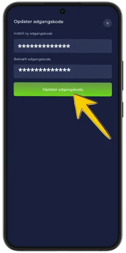 RainBet skærm til oprettelse af ny adgangskode med to udfyldte felter og gul pil der peger på den blå Opret adgangskode-knap