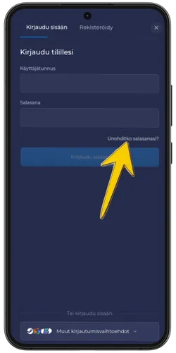 RainBet kirjautumisnäyttö keltaisella nuolella joka osoittaa linkkiin "Unohditko salasanasi?"