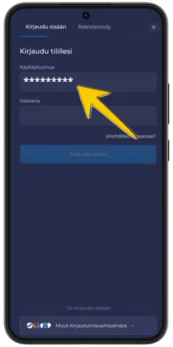 RainBet kirjautumisnäyttö täytetyllä sähköpostikentällä ja keltaisella nuolella joka osoittaa siihen