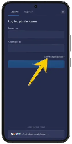 RainBet login-skærm med gul pil der peger på linket "Glemt adgangskode?"