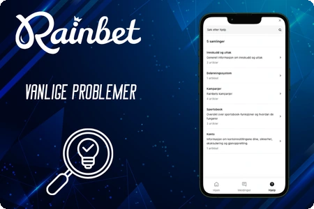 RainBet mobilapp med live chat-support og e-postkontakt, forstørrelsesglass med lyspære i forgrunnen