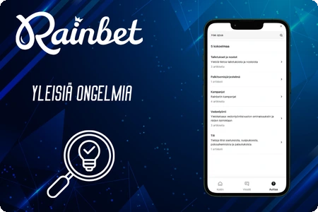 RainBet mobiilisovellus live chat -tuella ja sähköpostikontaktilla, suurennuslasi hehkulampun kanssa etualalla