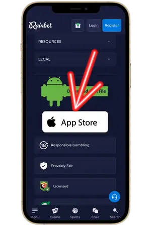 För att fortsätta ladda ner RainBet App klicka på knappen App Store